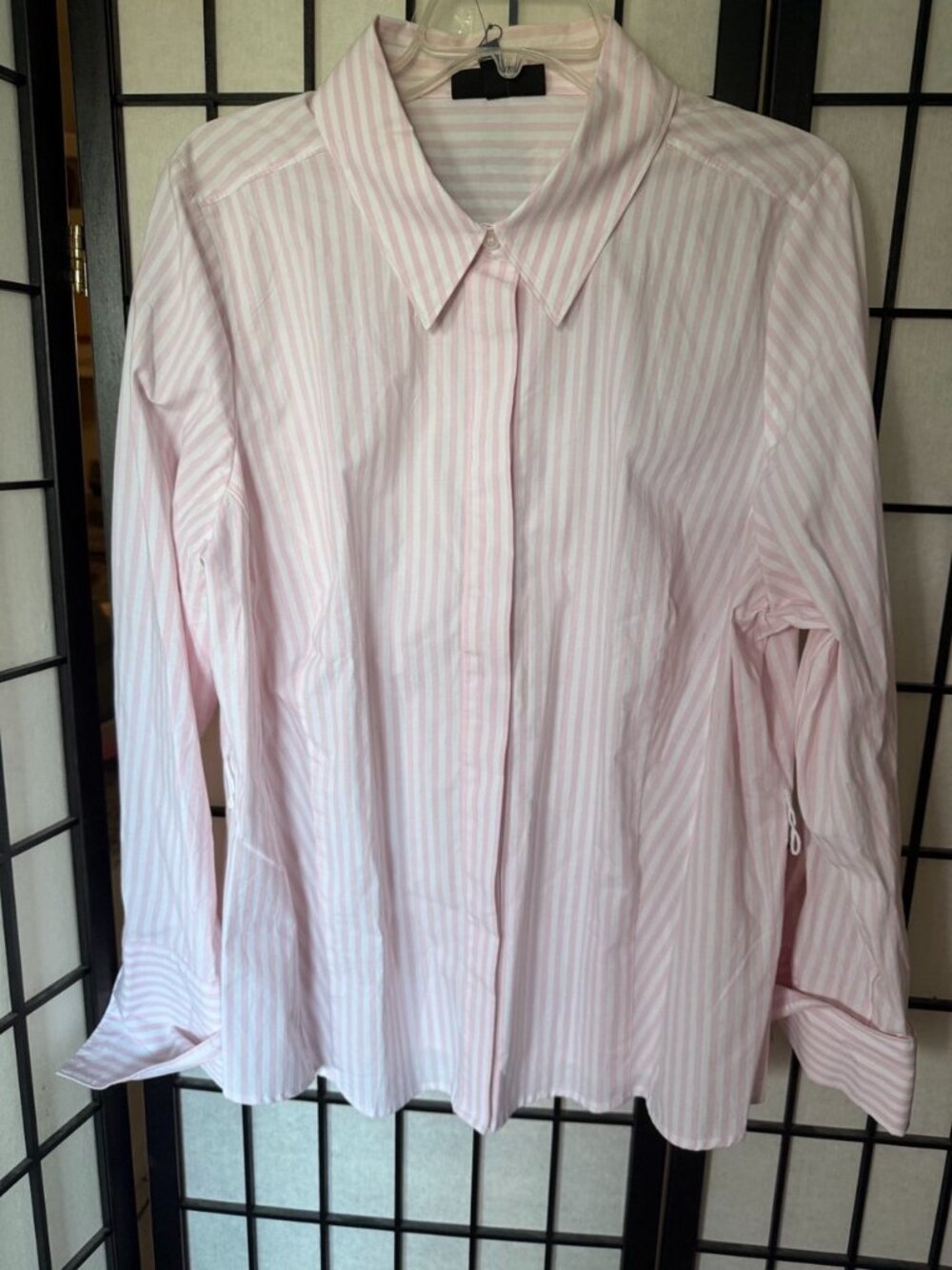 Lane Bryant Pink White Striped Button-Up Shirt Hidden Placket Cuffed Sleeve, XL